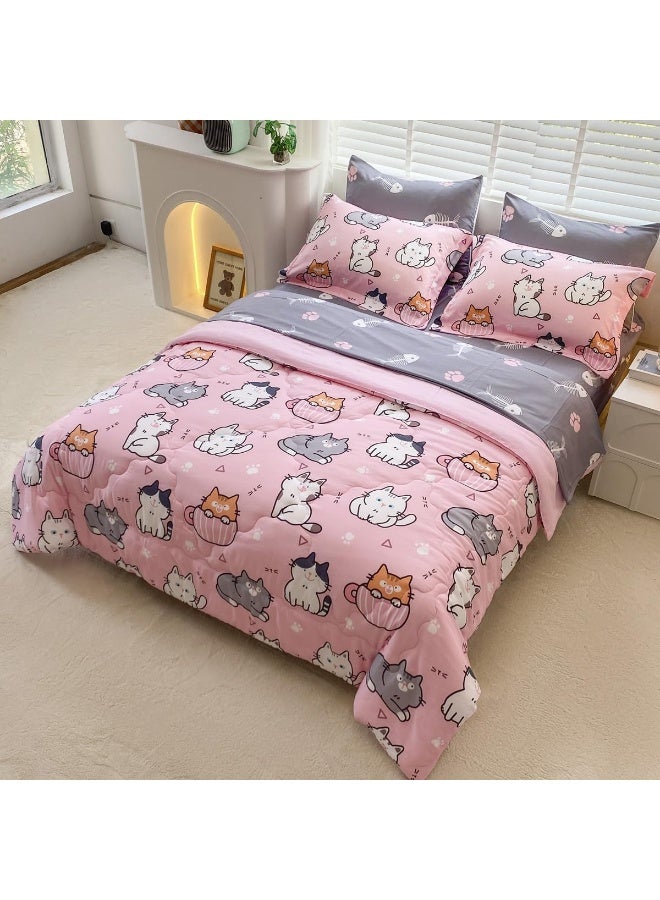 Gusuhome 7 Piece Girls Cat Comforter Set Full Size Bed in A Bag Pink Cute Cartoon Pet Cats Bedding Set for Kids Boys Teens (1 Comforter, 1 Flat Sheet, 1 Fitted Sheet, 4 Pillow Sham) Gray - Image 3